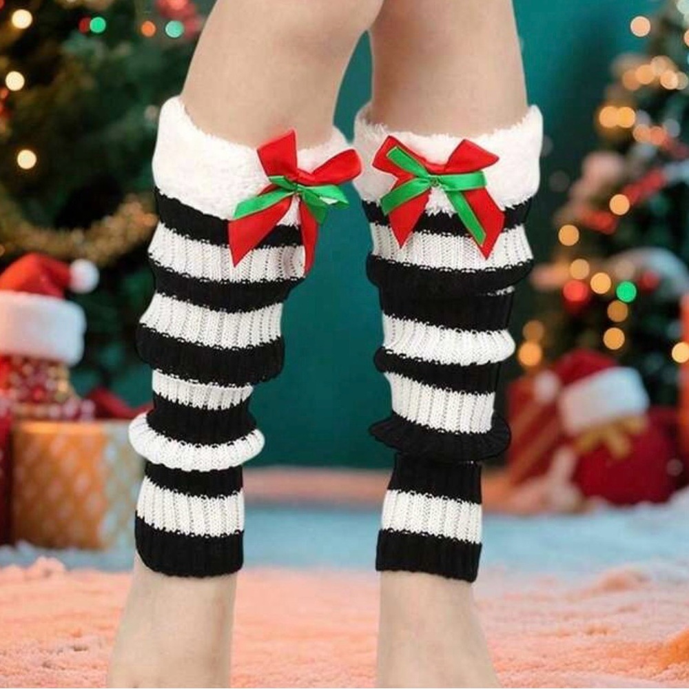 Festive Black and White Striped Leg Warmers